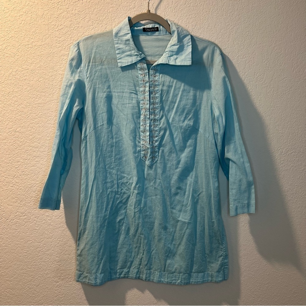 Women’s Tahari blue lightweight beaded detail cotton tunic blouse size Small S
